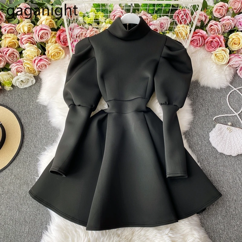 Gaganight Women French A line Big Swing Dress Female 2021 Autumn New Korean Temperament Ladies Puff Sleeve Waist Slimming | Женская
