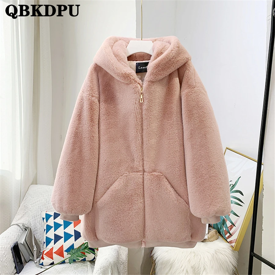 

Winter Mid-length Faux Rabbit Fur Hooded Coat Women Warm Thick Overcoat Plush Outwear Top Pink Elegant Fashion Korean Jackets