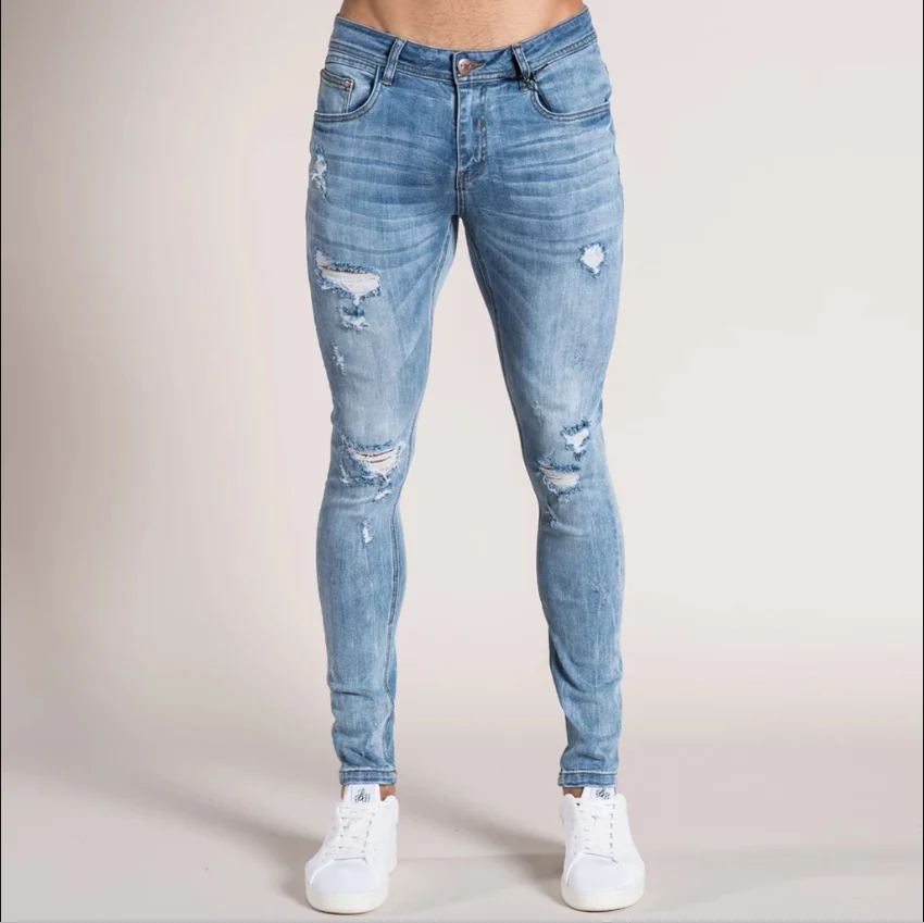 

Stretch Repaired Men's Jeans Dark Blue Hip Hop Distressed Skinny Slim Fit Cotton Comfortable Big Size