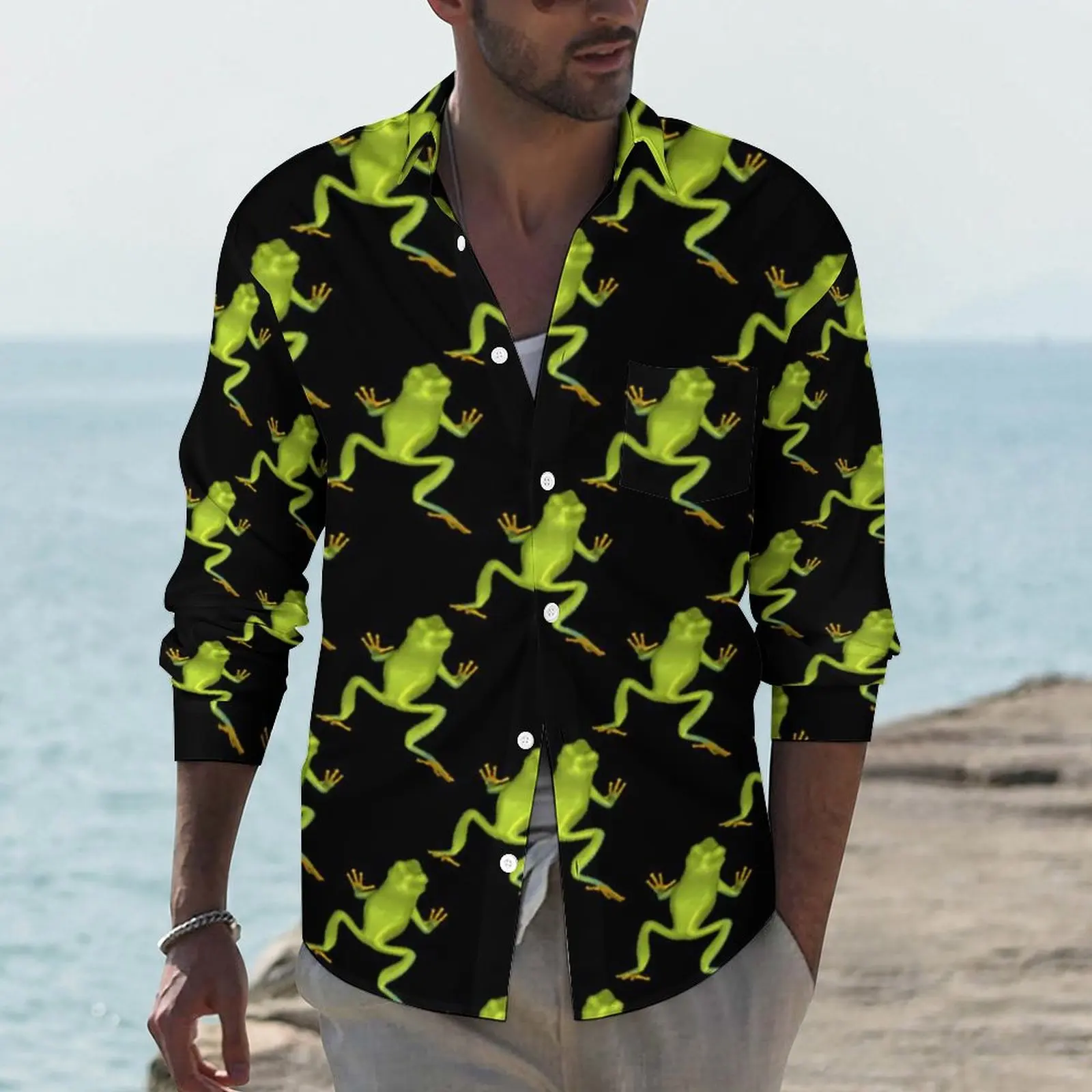 

Green Tree Frogs Shirt Autumn Jumping Frog Print Casual Shirts Men Novelty Blouses Long Sleeve Design Y2K Clothing Plus Size 4XL