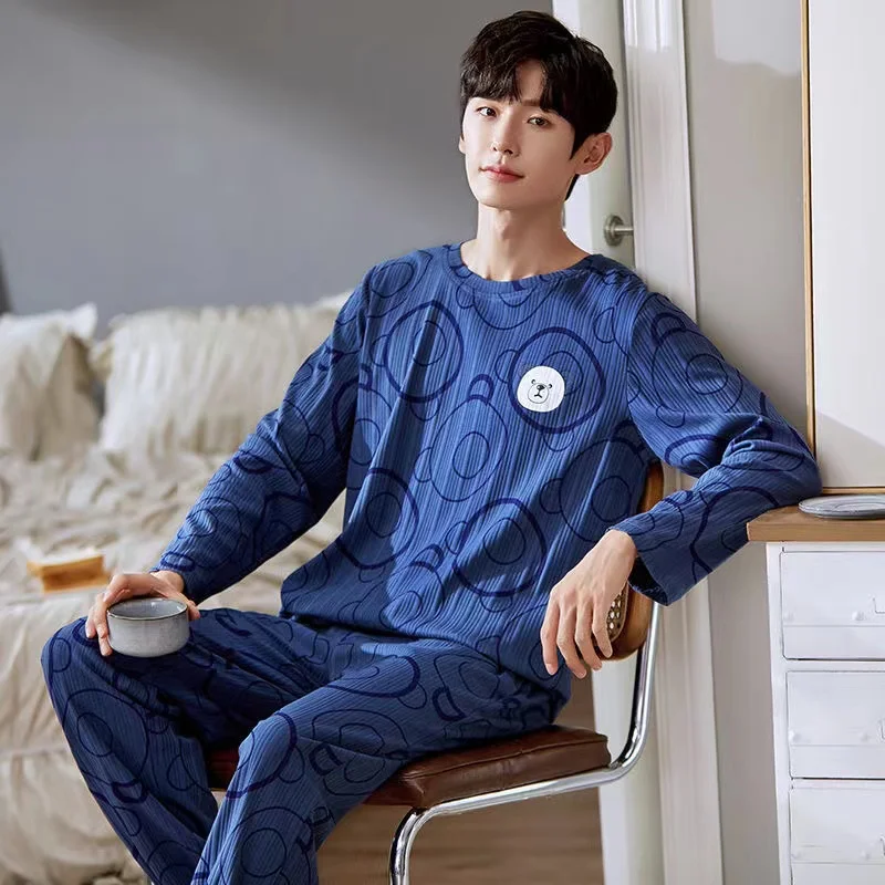 Men's Pajama Sets Spring Autumn Turn-Down Collar Loose Leisure Sleepwear 2 Pieces /Sets Home Clothes Long Sleeve Top +Pants Pyja