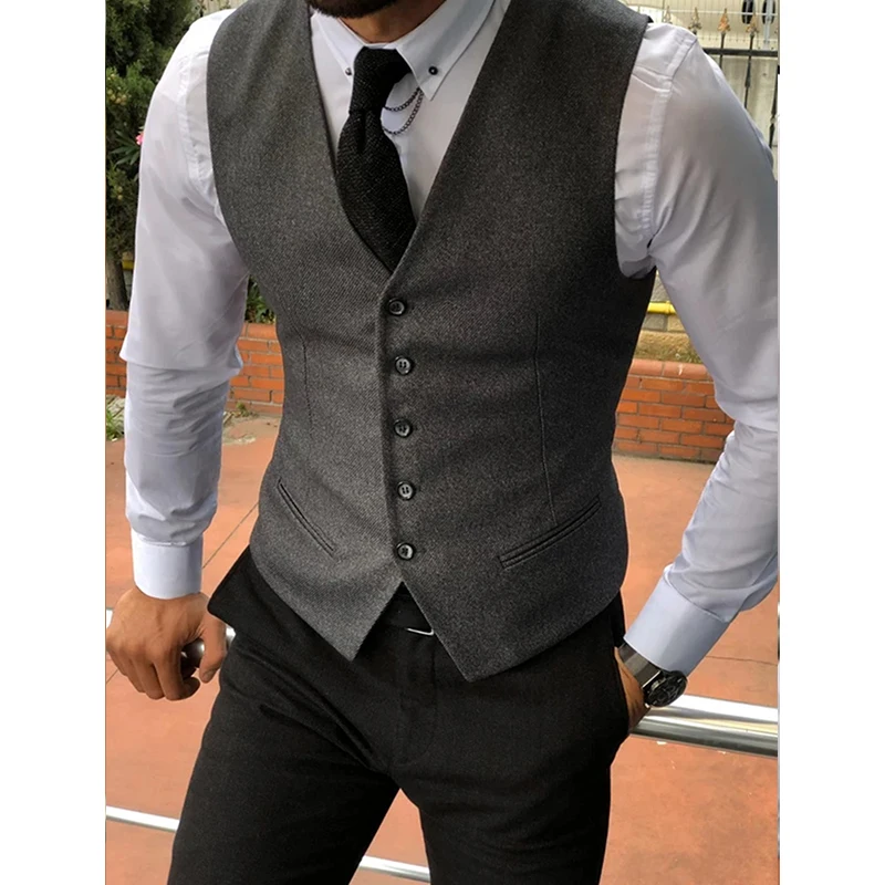 

Men's Vest Dark Gray V Neck 5 Button Slim Fit Waistcoat Casual Formal Business Groomman for Vests Vintage 2022