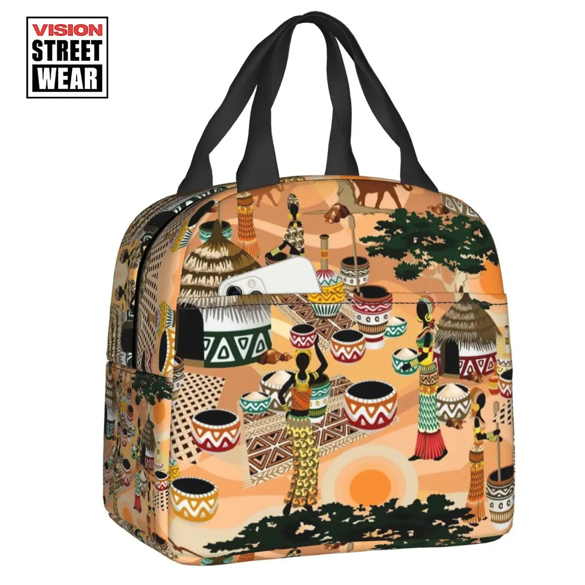 

2023 New African Tribal Village Life Insulated Lunch Bag For Camping Africa Ethnic Pattern Thermal Cooler Lunch Box Kids
