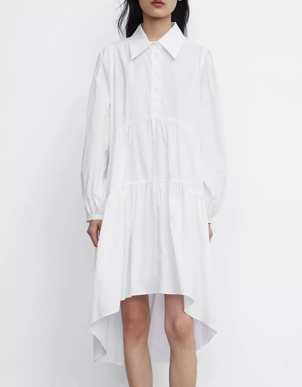 

Платье-рубашка с пышными рукавами и асимметричным подолом