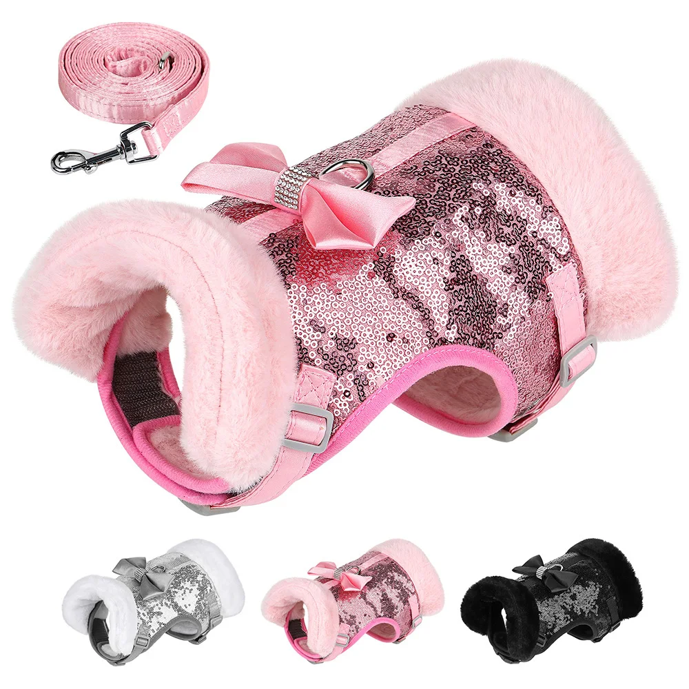 

Soft Warm Dog Harness Least Set Cute Bowknot Puppy Cat Harnesses Vest Bling Sequins Harness 5ft Lead for Small Medium Dogs Cats