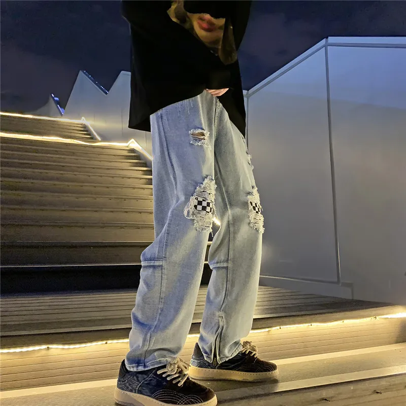 DEEPTOWN Ripped Jeans Men Fake Hole Washed Denim Pants Vintage Straight Trousers Male Loose Casual Streetwear Hip Hop Spring