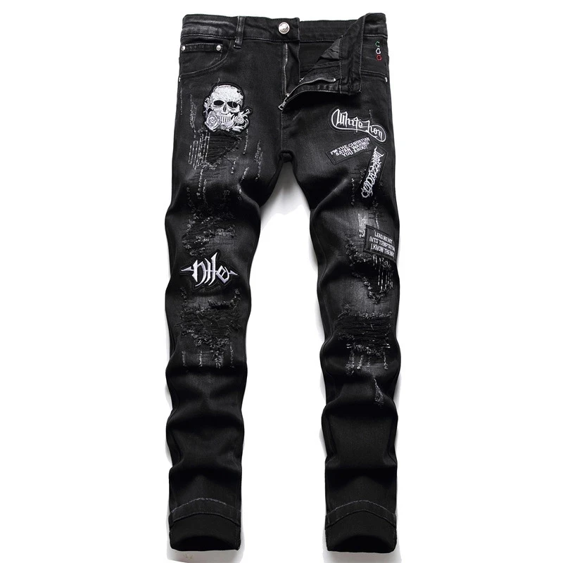 

Spring Autumn 2022 New Ripped Black Jeans Men's Fashion Skull Embroidery Slim Stretch Pants Nightclub Motorcycle Trend Clothing