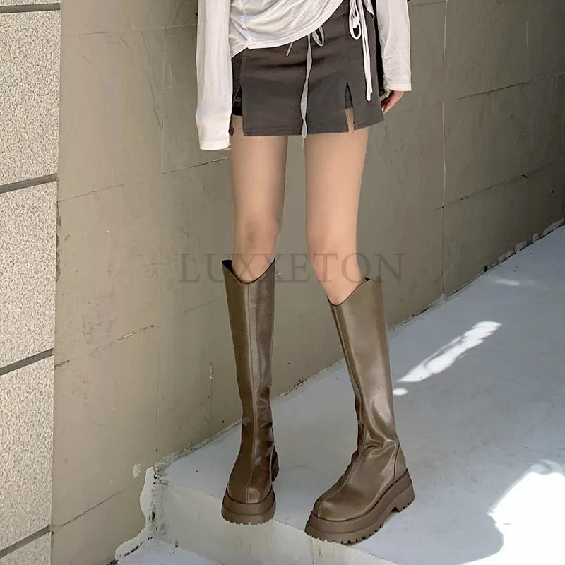 

Женские высокие сапоги до бедра в стиле панк, модные женские сапоги на молнии сзади, на плоской платформе, рыцарские сапоги до колена, зимняя...