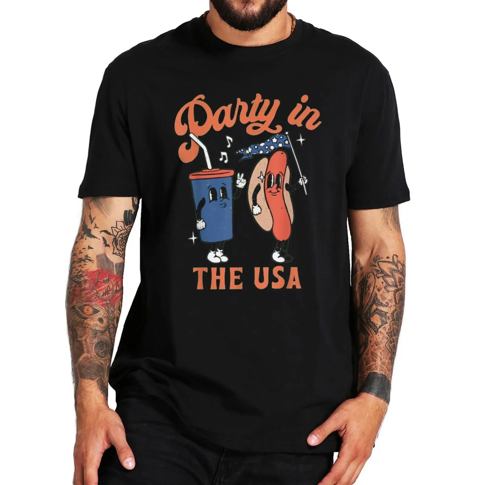 

Party In The USA T Shirt Hot Dog Love USA Funny Fourth Of July T-Shirt 100% Cotton EU Size Streetwear Unisex Soft Clothing