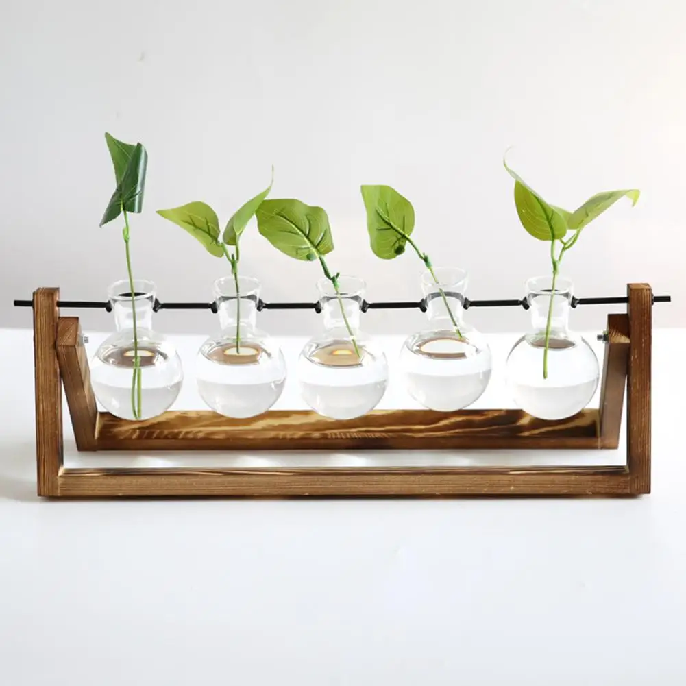 Transparent Glass Flower Vase With Wooden Frame 5 Bottles Desktop Creative Hydroponic Plant Vase For Home Decor