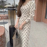 polka dot puff long sleeve midi dress v neck corduroy velvet maxi vestido de mujer vintage elegant spring fall korean sukienka