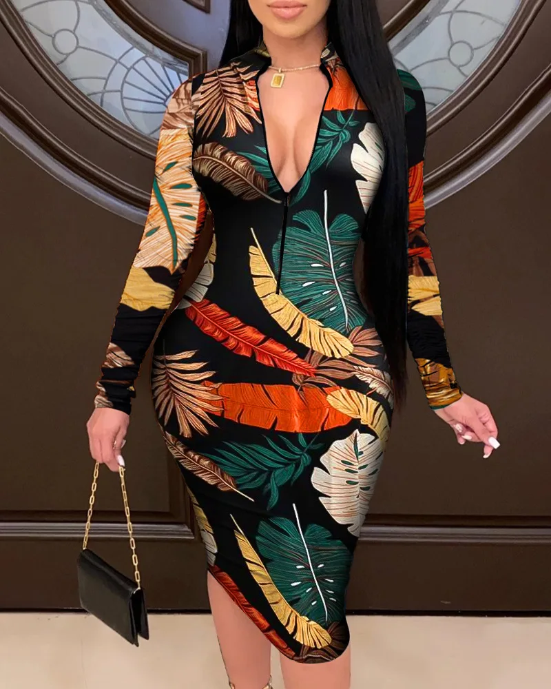 

Женское платье с V-образным вырезом, Модный пуловер с высокой талией, облегающее платье до колена с длинным рукавом и цветным принтом листьев, сексуальное платье для ночного клуба