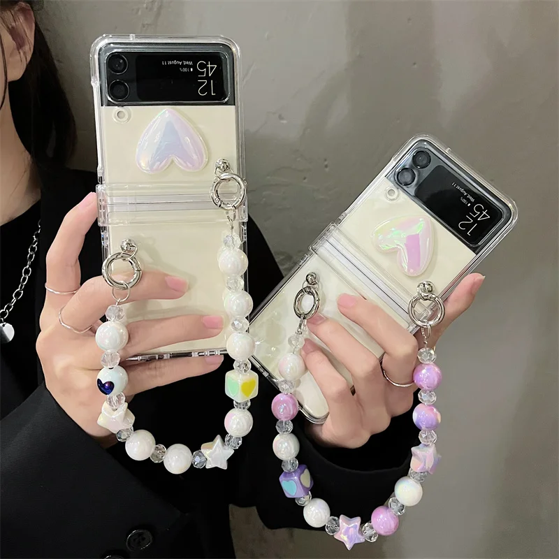 

Cute Laser Heart Stars Bracelet Phone Case For Samsung Galaxy Z Flip 4 3 Hard Cover Strap Shell For Zflip3 Zflip4 Capa Wristband