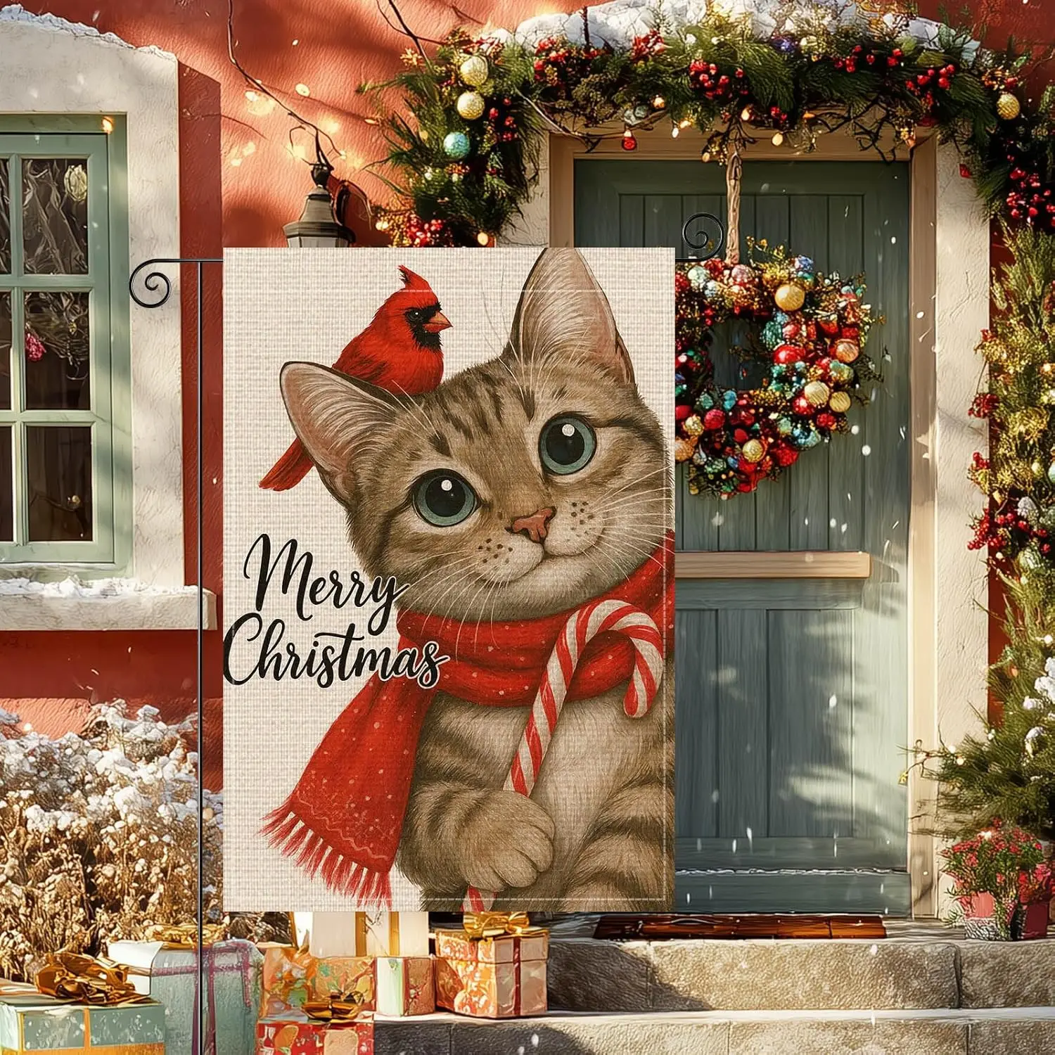 Фото Новогодний садовый флаг с кошкой, двусторонний, 12x18 дюймов, из мешковины, праздничный садовый флаг с кошкой табби, сезонный баннер для дома и улицы №2