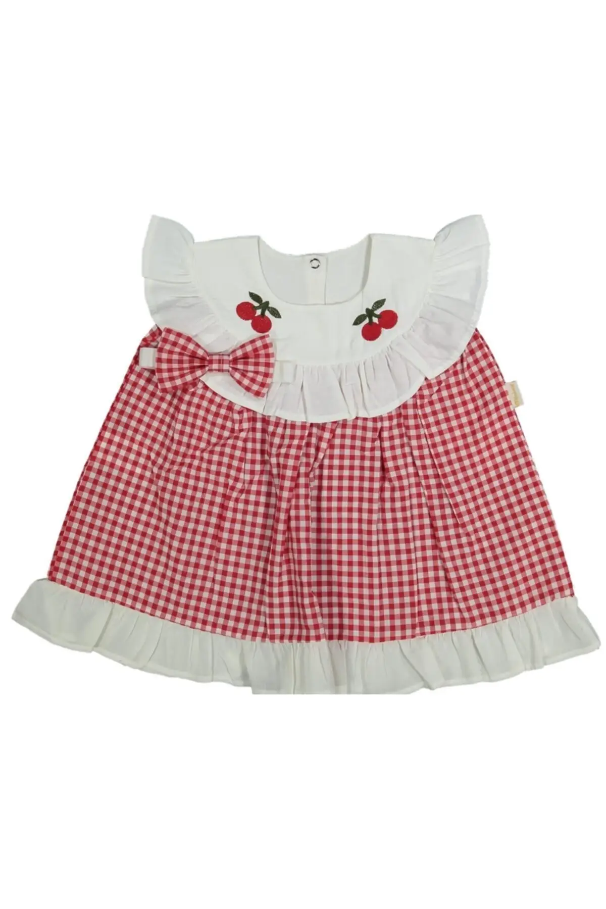 

Girl baby red pleated cherry detailed hair banded dress cotton sleeveless plaid/plaid ruffle double thin