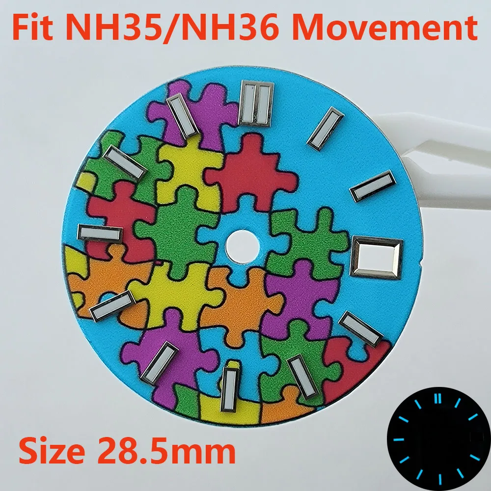 

Циферблат для строительных блоков 28,5 мм, циферблат S, циферблат NH35, синий светящийся циферблат для автоматического движения NH35 NH36