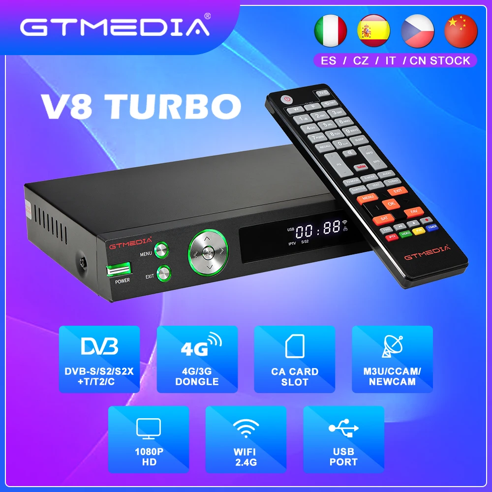 

New TV Decoder GTMedia V8 Turbo DVB-S2/S2X DVB-T2 DVB-C Europe Spain Italy Portugal TV Set-top Box BISS+ PowerVu Key With WIFI