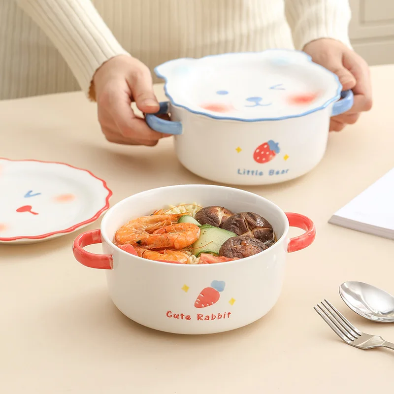 Cartoon animal rabbit bear instant noodle bowl large cute double ears with cover boys and girls dormitory home meal bowl