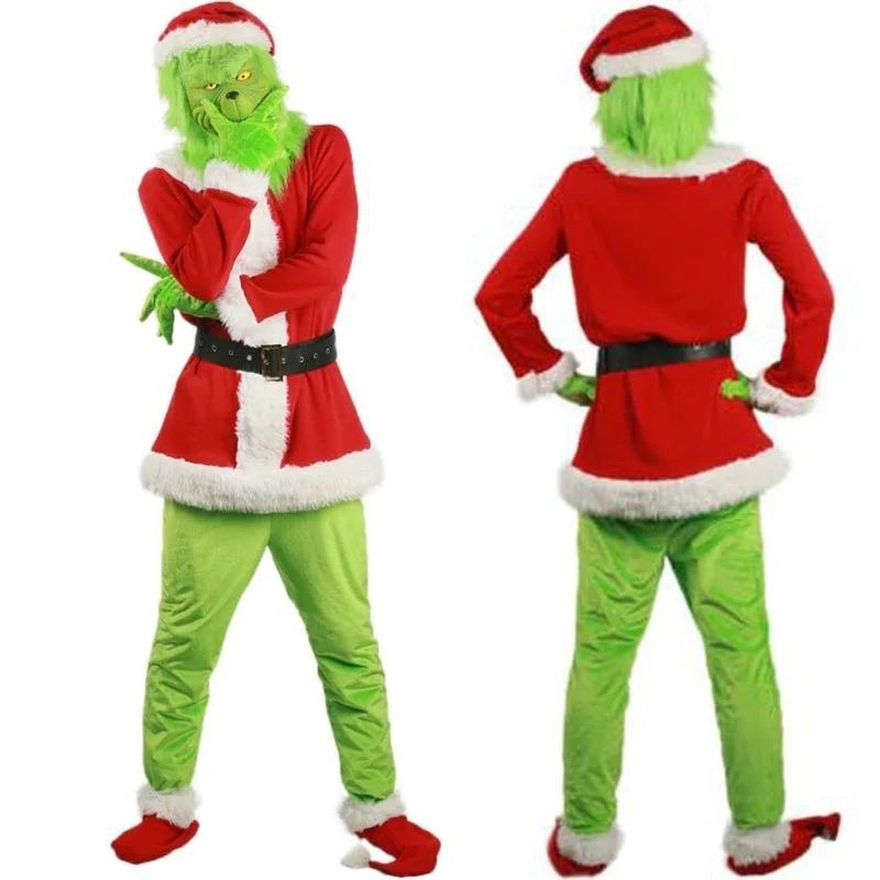Movie Christmas Green Fur Monster Cosplay Costume Santa Xmas Outfits With Mask Props