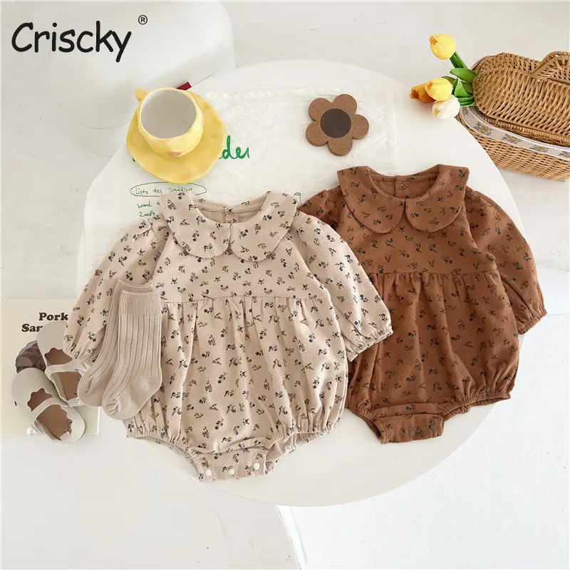 

Criscky Newborn Baby Girl Corduroy Romper Floral Printed Peter Pan Collar Bottom Snap Long Sleeve Jumpsuit Spring Fall Clothes