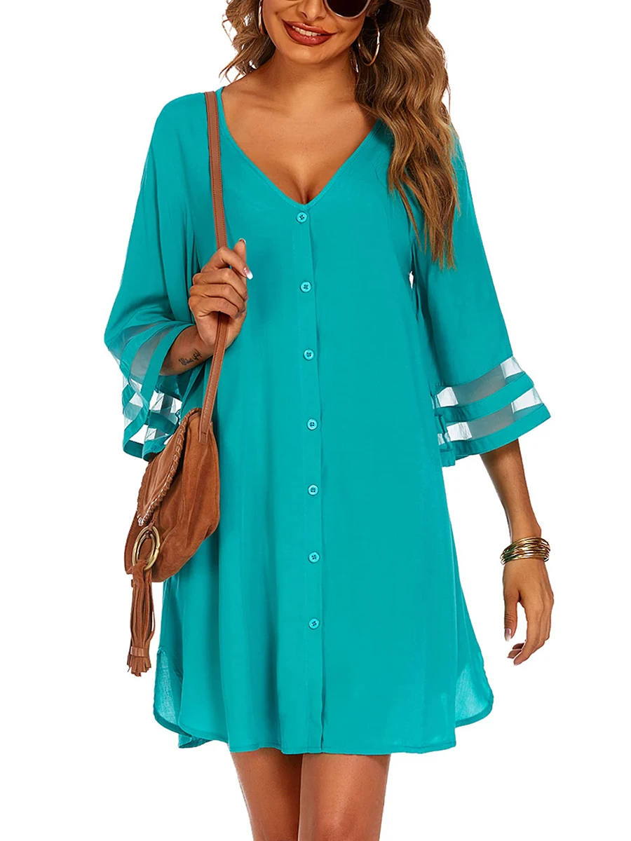 

Women s Bikini Cover-Up Dress Loose Fit Button-Down 3 4 Sleeve V Neck Chiffon Solid Color Beach Dress