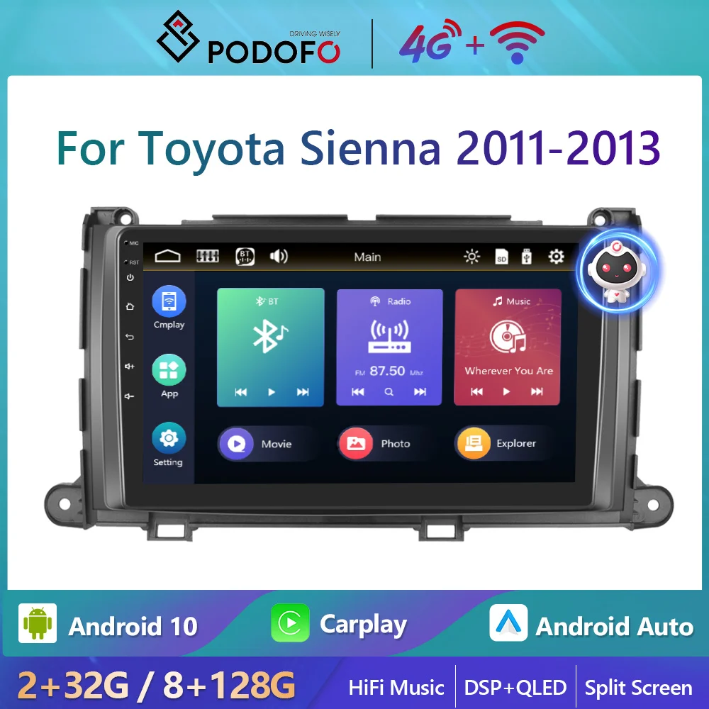 

Podofo 2din Android 4G WiFi Car Radio For Toyota Sienna 2011-2013 8+128G Carplay Autoradio Stereo Player HiFi Husic Ai Voice QLE