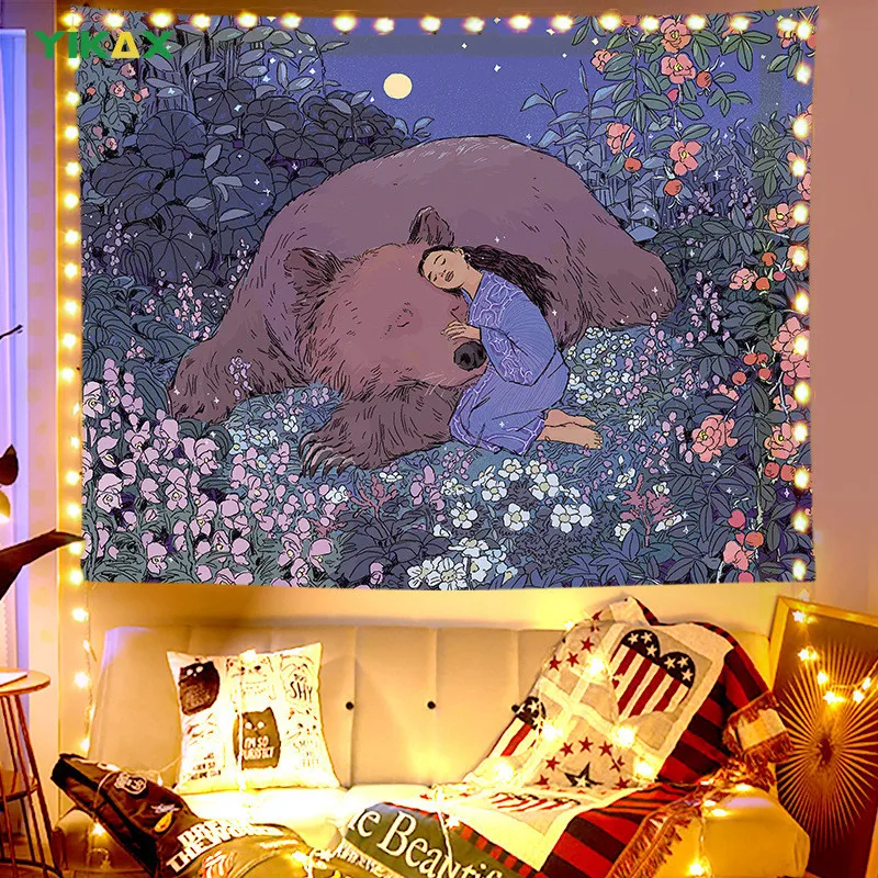 

Mysterious Forest Tapestry Wall Hanging Blanket Landscape Animal Moon Flower Jungle Ocean Illustration Aesthetic Home Room Decor