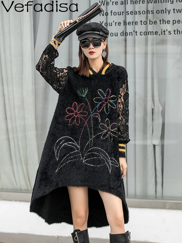 

Vefadisa Women Hooded Pullover Sweater Loose Mid-length Lace Flowers Printing Irregular Sweater Dress 2023 Spring Autumn LHX1388