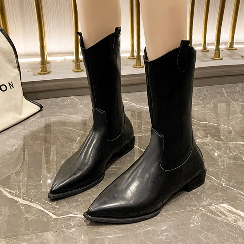 

Low Heels Women Chelsea Mid Calf Boots Elegant Pointed Toe Fashion Concise Goth Pumps Winter 2024 New Shoes Trend Female Botas