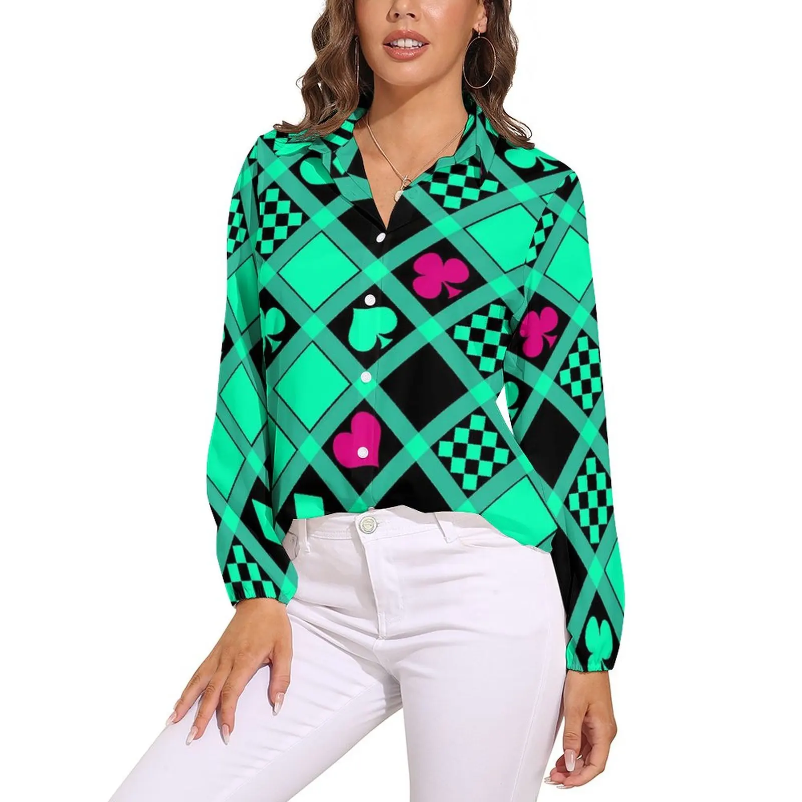 

Casino Poker Cards Blouse Playing Card Vintage Custom Blouses Female Long-Sleeve Casual Shirt Summer Oversize Clothes