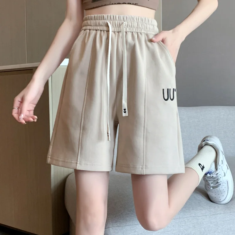 Womens Baggy Sweatshorts 2023 Elastic Drawstring Casual Sports Shorts Embroidery Letter Ladies Bottoms Black Grey Purple Khaki
