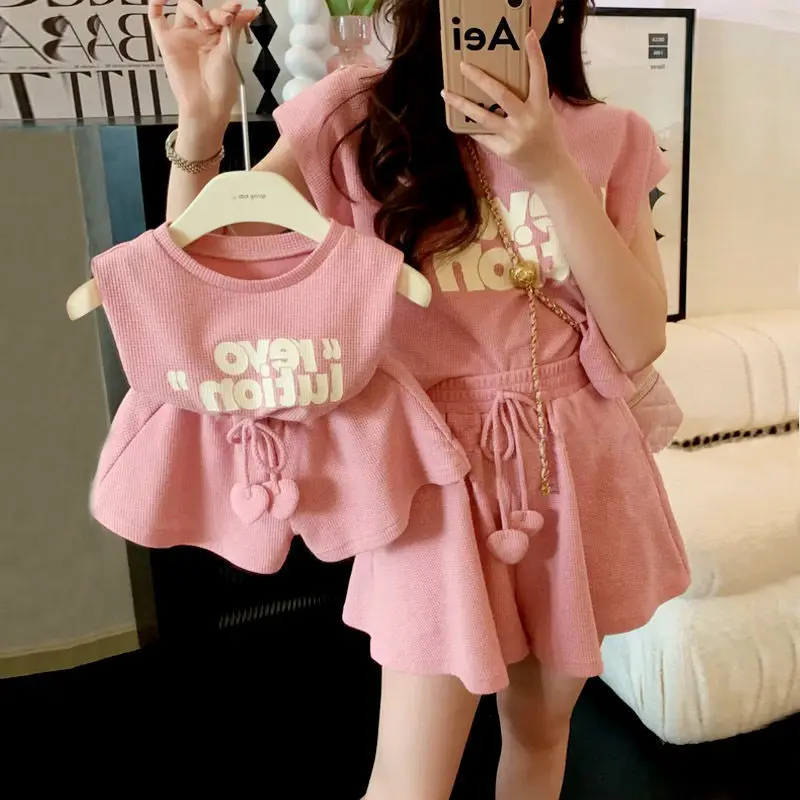 

Mother&daughter Family Matching Outfits Summer Sleeveless+High Waist Wide Leg Shorts Two Piece Sports Sets Letter Tracksuits