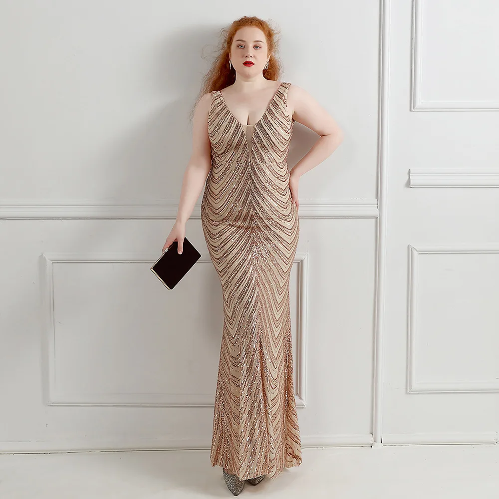 

3XL 4XL Plus Size Party Dresses for Women Long Evening Dress Shiny Sequin Stripes V Neck Tank Mermaid Prom Gowns Robe De Soirée