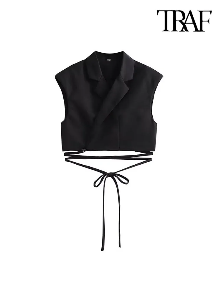 

TRAF Women Fashion With Tied Wrap Cropped Waistcoat Vintage Lapel Collar Sleeveless Female Outerwear Chic Vest Tops