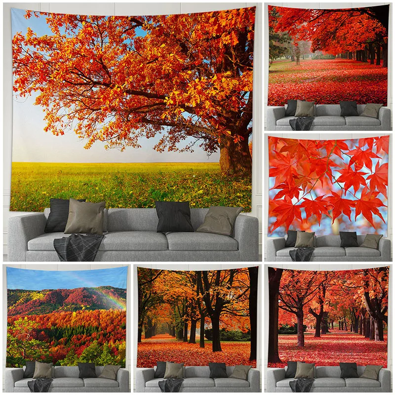 

Autumn Red Golden Maple Leaf Scenery Wall Tapestry Home Living Room Hanging Background Decor Cloth