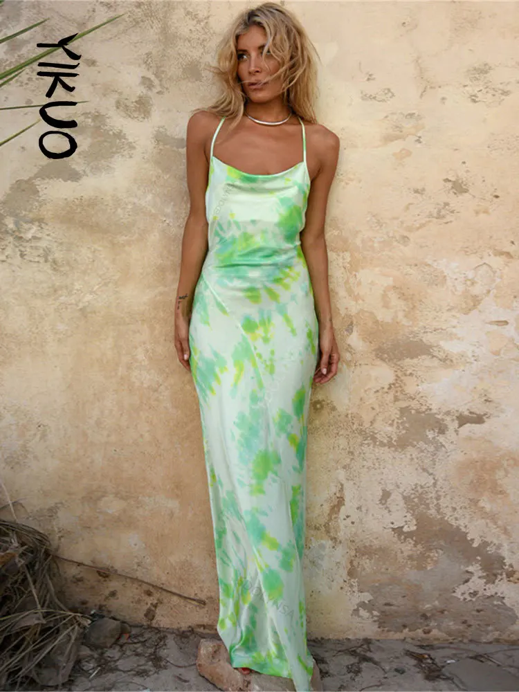 

YIKUO Green Boho Printed Maxi Dress Summer Sleeveless Sundress Beach Wear Sexy Spaghetti Strap Club Party Dresses for Women 2022
