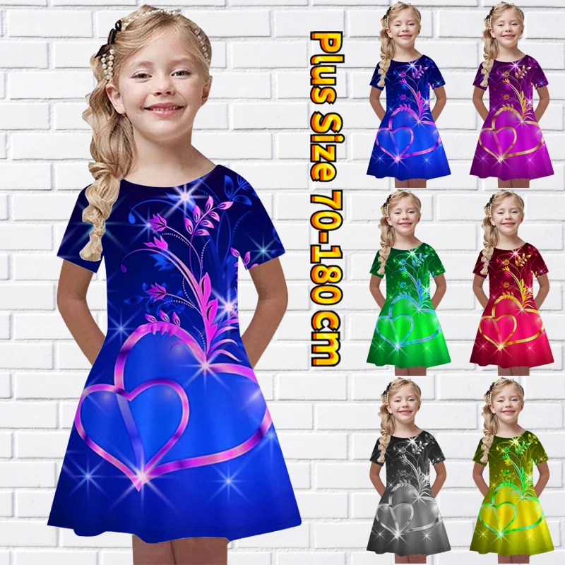 

Summer Little Girl Daily New Design Printing Knee-length Skirt Midi Skirt Fashion Princess Dress Round Neck Short Sleeve Skirt
