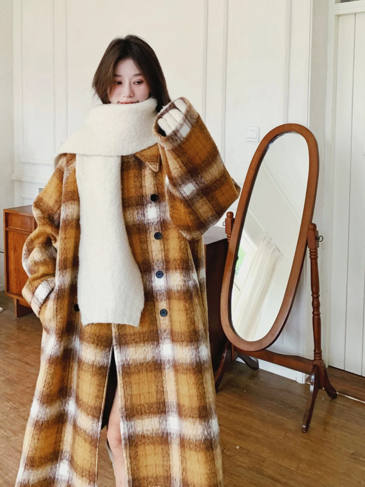 Yellow Plaid High-Grade Loose Woolen Coat Women 2024 Winter New Fashion Small Thickened Jacket