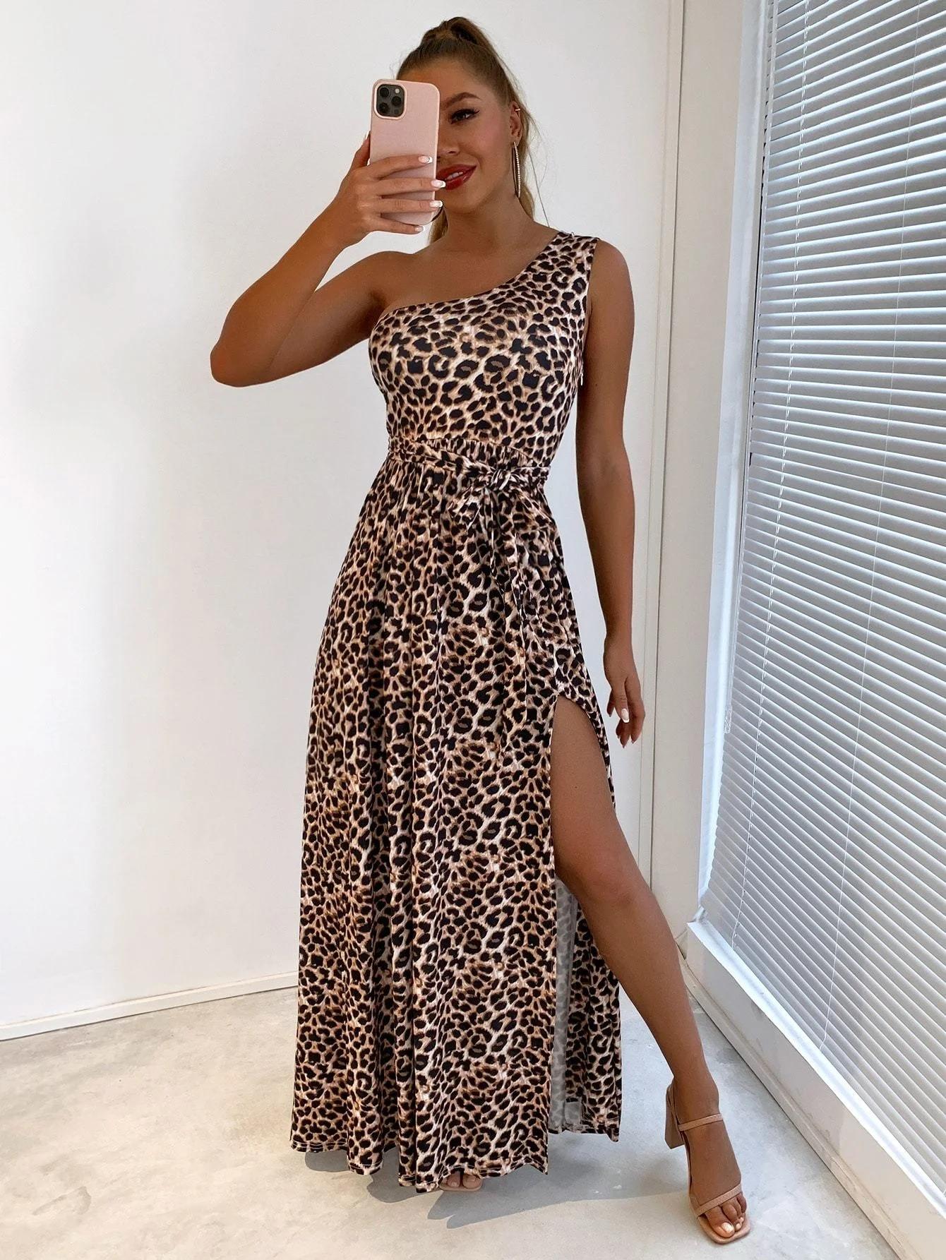 Pofash One Shoulder Leopard Print High Split Dress