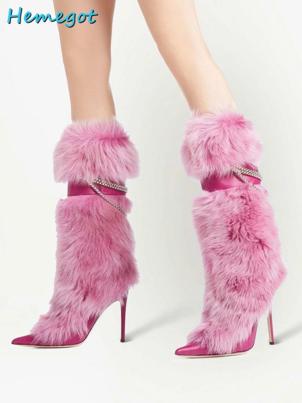 

Женские ботинки на шпильке, розовые сапоги до середины икры с острым носком, на высоком каблуке-шпильке, без застежки, украшенные кристаллами и цепочкой, 2023