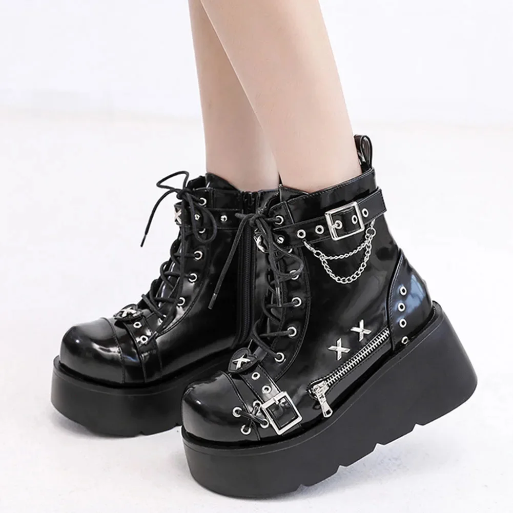 

Brand New Ladies Goth Platform Ankle Boots Fashion Buckle Zip Rivet Punk Wedges High Heels Womens Boots Party Street Woman Shoes