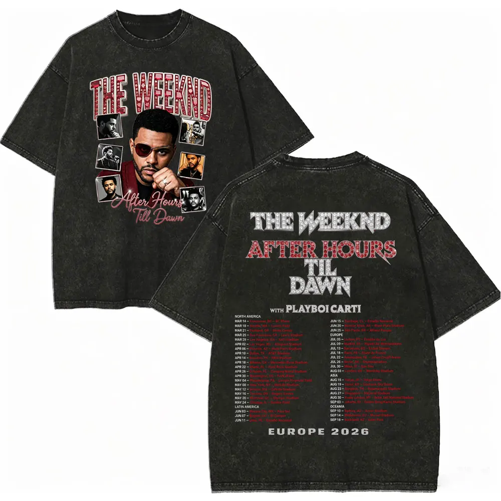 Фото Винтажные футболки с эффектом потертости The Weeknd After Hours Til Dawn Tour 2026 для мужчин и женщин, повседневные модные оверсайз футболки, уличная одежда №5