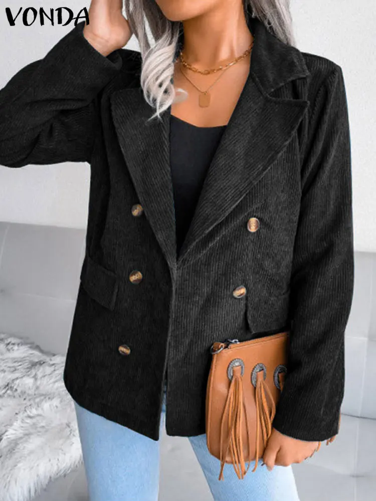 

VONDA Stylish Fashion Lapel Button Coats Corduroy Blazer Women Long Sleeve Suit Outerwear Femme Solid Office Jackets Oversized