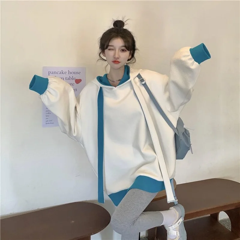 

Pure Color Stitching Hooded Korean Loose and Simple Autumn and Winter New Style Plus Velvet Thick Thick Thick Sweater