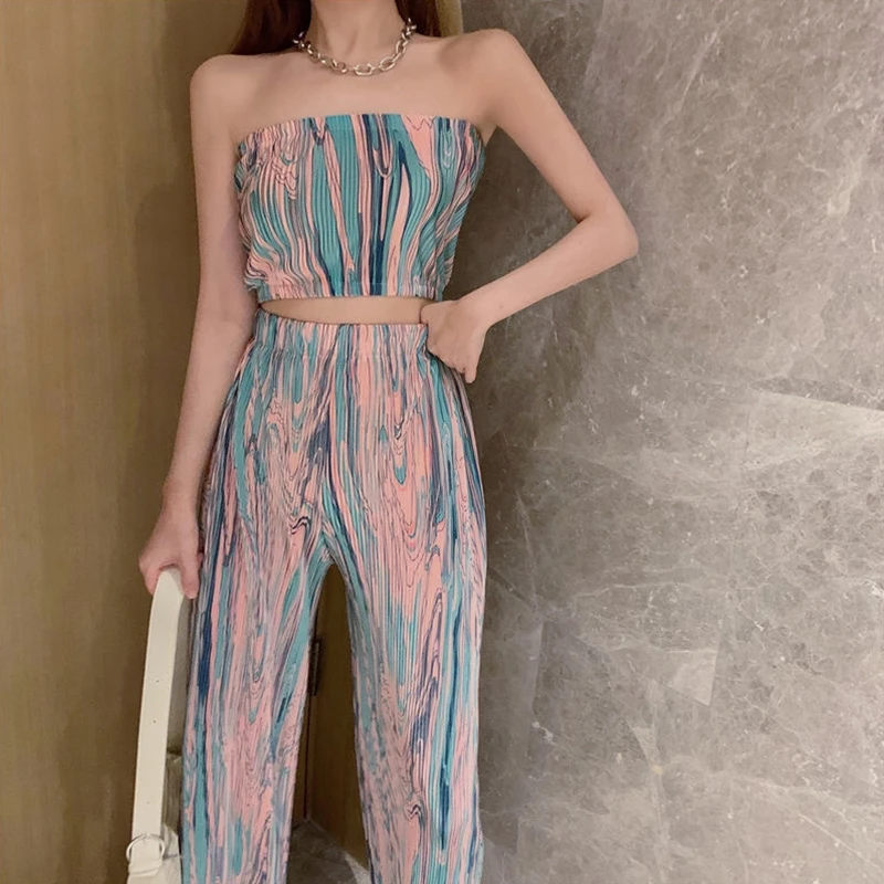 

Women Summer 2 Piece Gradient Colorful Outfits Set Sexy Strapless Crop Tube Top with Wide Leg Loose Straight Pants Ribbed