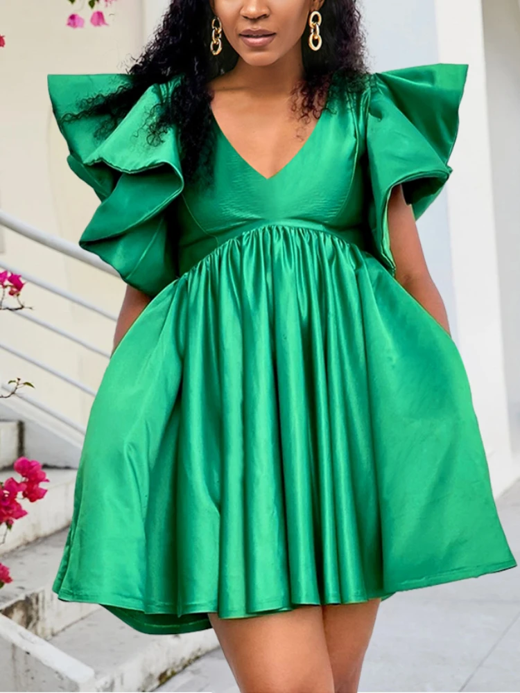 

AOMEI Green Dress Pleated Party V Neck Ruffles Shiny Cute Women High Waist Mini Ball Gown Fluffy Short Sleeve V Neck Prom Summer
