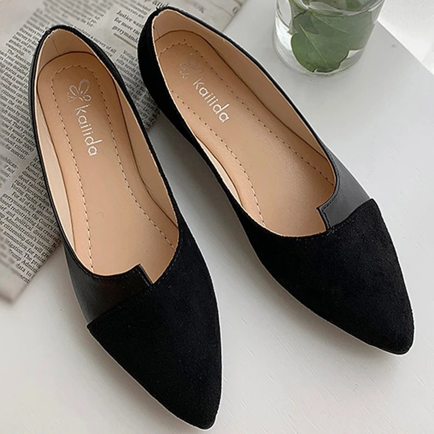 

35-40 Leather Shoes Splice Color Shoe Ballerina Slip on Shoes Women Flats Fashion Pointed Toe Ballet Footwear