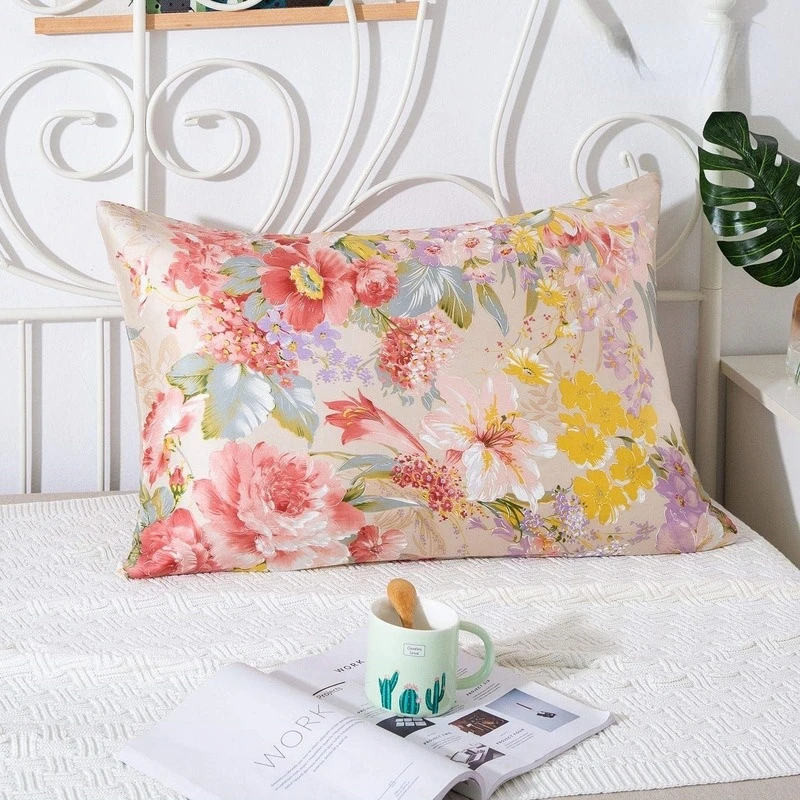 

New Free shipping 100% nature mulberry floral silk pillowcase zipper pillowcases pillow case for healthy standard queen king