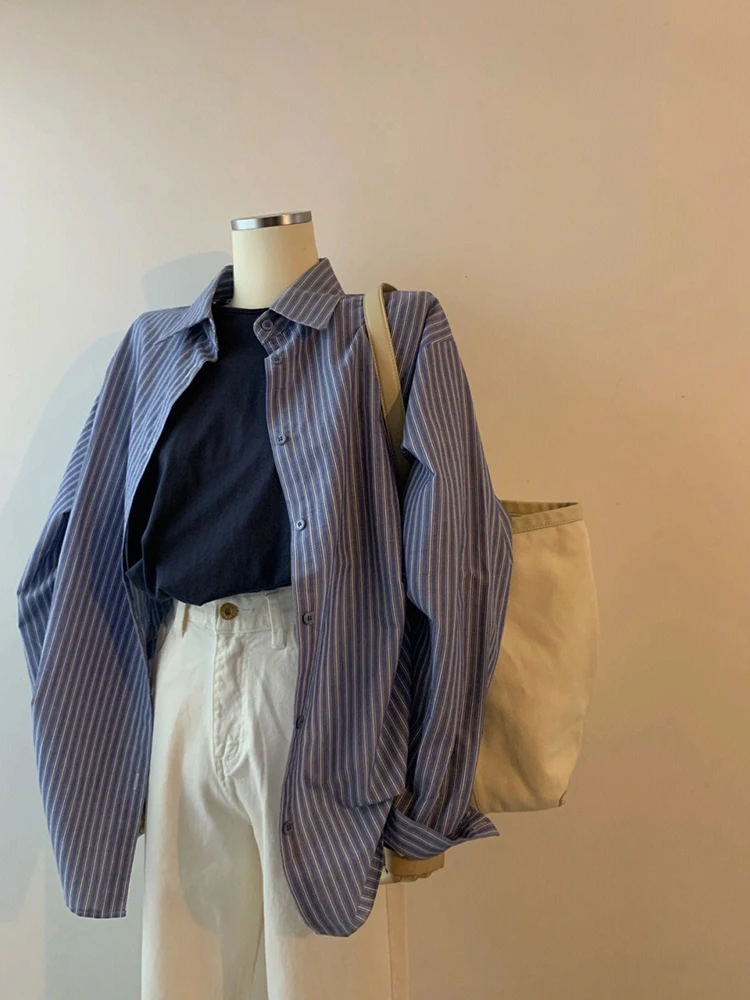 

Женская рубашка в полоску, свободная однобортная рубашка-оверсайз в стиле ретро, с длинным рукавом и лацканами, в стиле Харадзюку, весна 2023