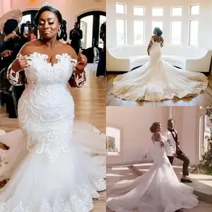 African Lace Mermaid Wedding Dresses See Thru Full Sleeves Bridal Gowns Plus Size Wedding Dress Vestido De Novia 2023